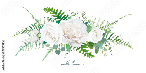 Vector floral bouquet design: Garden ivory white creamy peony Rose flower, silver sage Eucalyptus branch, greenery leaves, forest ferns, asparagus & herbs. Wedding, watercolor style invite card design