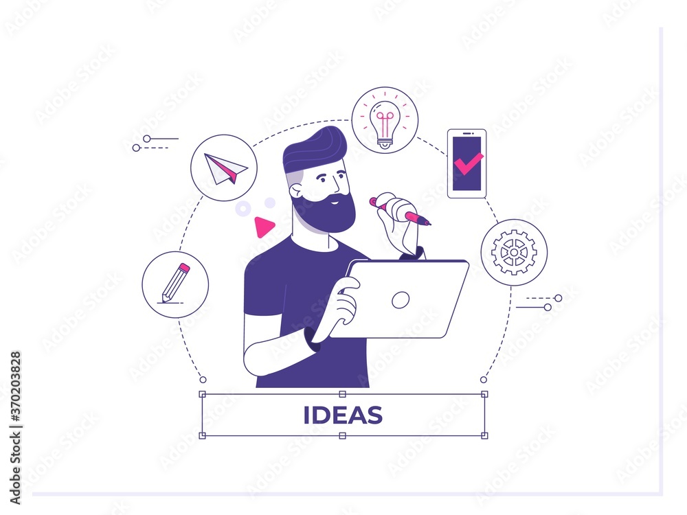 Flat line vector editable graphic website illustration.From big idea to actual release through project analysis, design, software development.