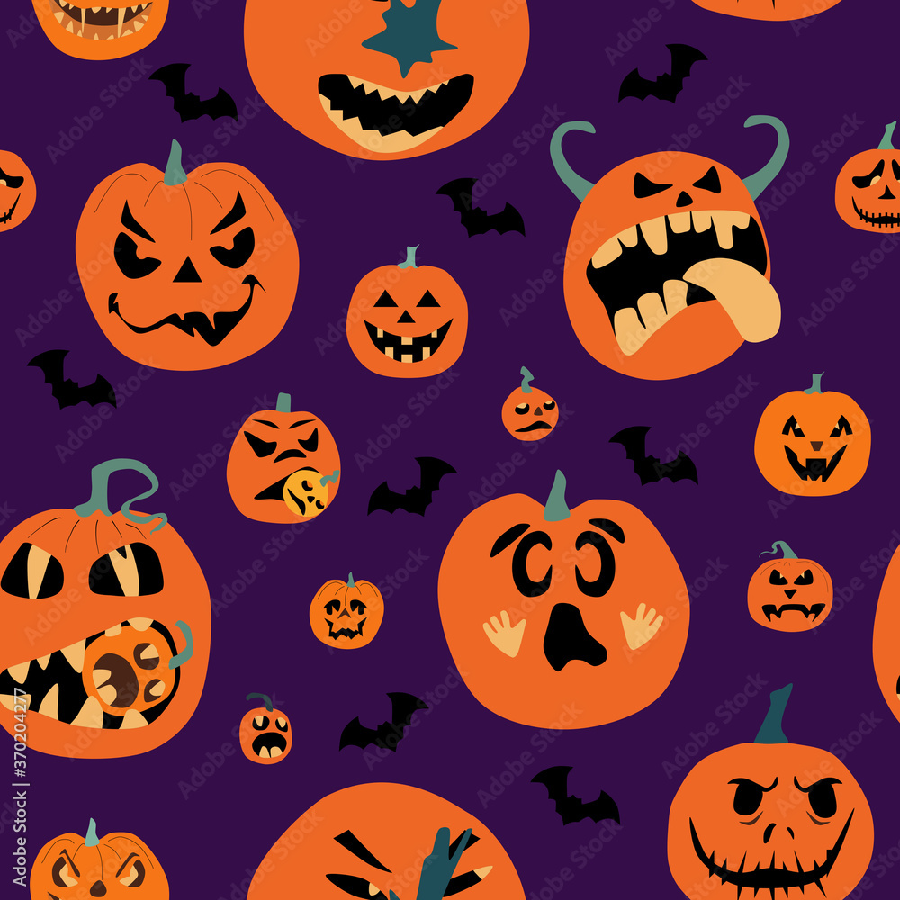 Halloween spooky night seamless pattern with various pumpkins. Jack o ...