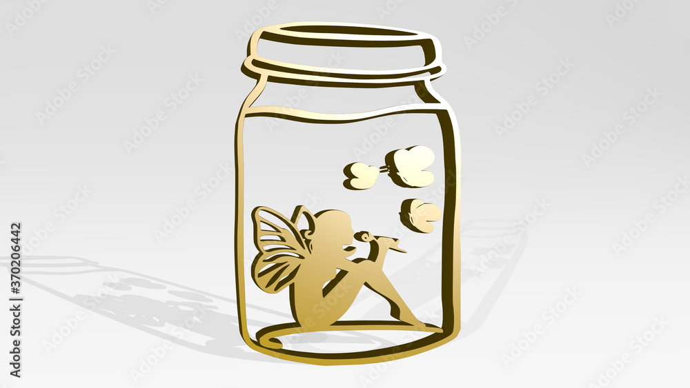 FAIRY WITH WINGS IN A JAR stand with shadow. 3D illustration of metallic sculpture over a white background with mild texture. beautiful and fantasy FAIRY WITH WINGS IN A JAR stand with shadow. 3D illustration of metallic sculpture over a white background with mild texture. beautiful and fantasy