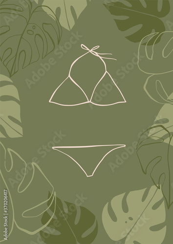 Abstract woman swimwear vector poster. Contemporary art. Beauty fashion female composition in modern style. Summer tropical vibes. Perfect for print, poster, social media, cards
