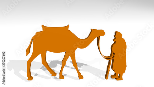 CAMEL made by 3D illustration of a shiny metallic sculpture on a wall with light background. desert and animal