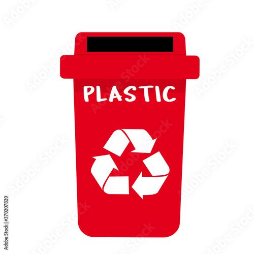 Waste sorting, red trash can with sorted plastic garbage, sorting and separating garbage disposal discard trash can vector illustration