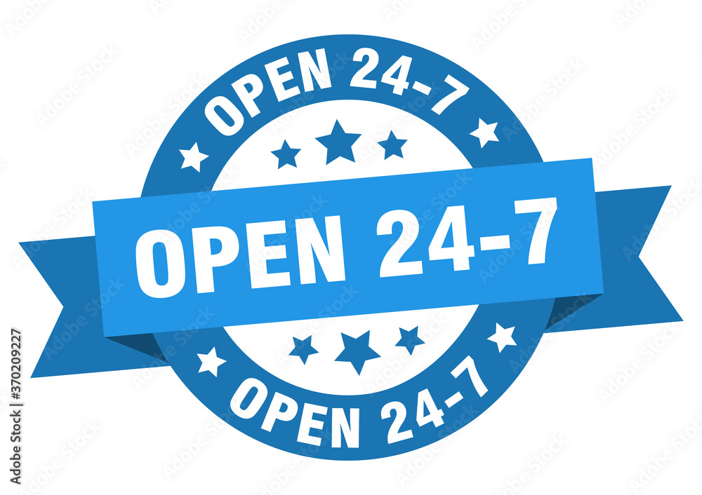 open 24 7 round ribbon isolated label. open 24 7 sign open 24 7 round ribbon isolated label. open 24 7 sign