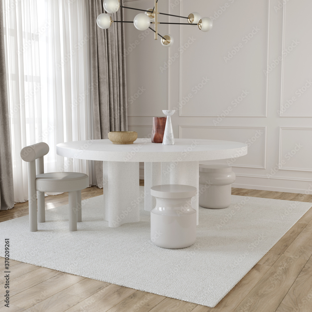 dining room interior with a large round table, chairs and sto… Stock ...