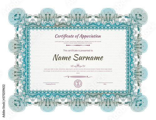 Official green guilloche border for certificate. Vector illustration.