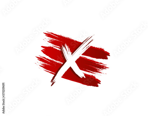 Creative X Letter Logo in Red Strips Grunge Splatter Element. Retro Rusty logo design template.