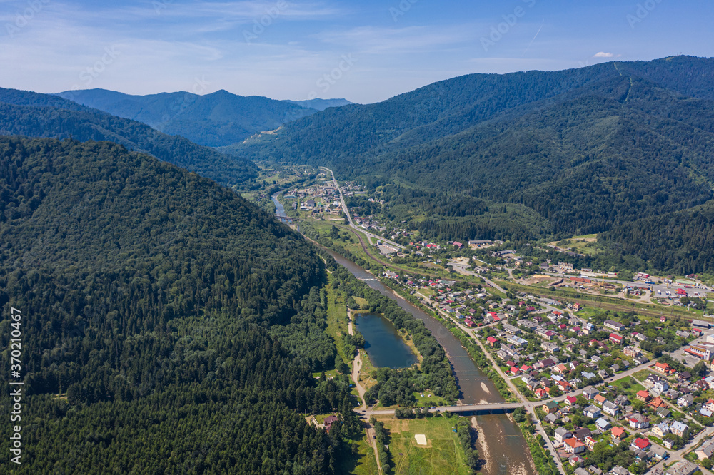 Skole Beskids National Nature Park. View from drone on Skole town