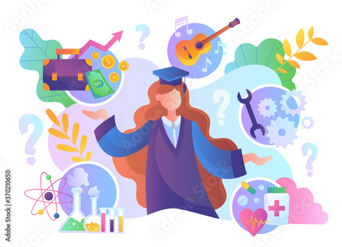 Graduation or career choice through education concept with a woman in graduation gown and hat surrounded by icons depicting various occupations, colored vector illustration
