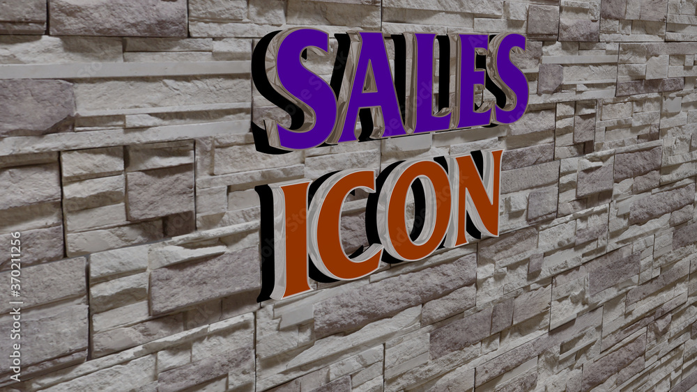 3D representation of sales icon with icon on the wall and text arranged by metallic cubic letters on a mirror floor for concept meaning and slideshow presentation. business and illustration 3D representation of sales icon with icon on the wall and text arranged by metallic cubic letters on a mirror floor for concept meaning and slideshow presentation. business and illustration