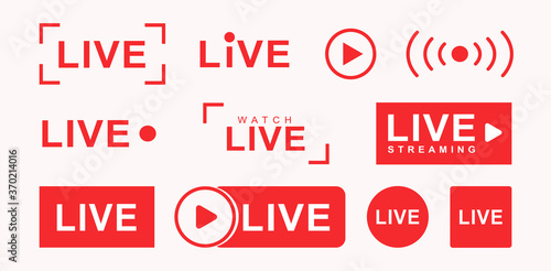 Red live video stream vector icon button set for news broadcast. Social media video channel logo in line style for online stream lower third bar overlay. SET3