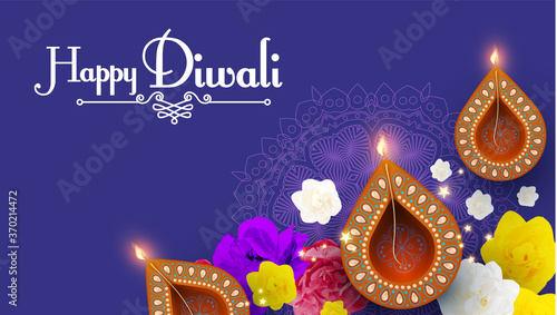 Diwali Festival design template. Holiday poster with burning diya lamps and flowers.