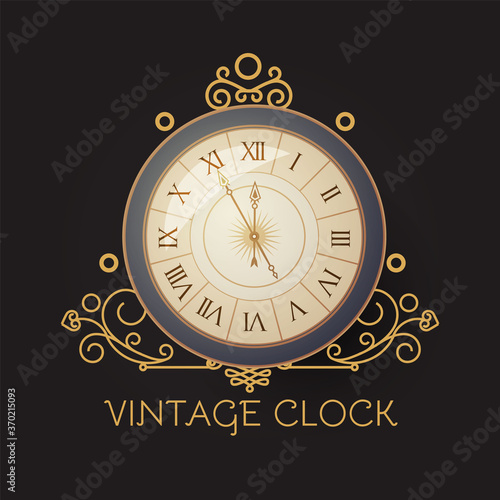 Antique clock with elegant frame. Old fashioned design element. Vintage watch.