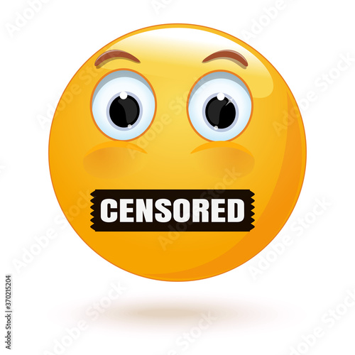 Emoticon face with a mouth taped up. Censored symbol. Emoji symbolizing censorship. Silence icon. Vector illustration