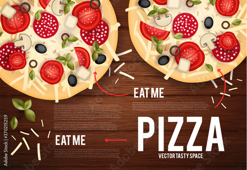 Tasty pizza with tomatos, wurst, olive, mushrumes and cheese on wood texture. Top view.