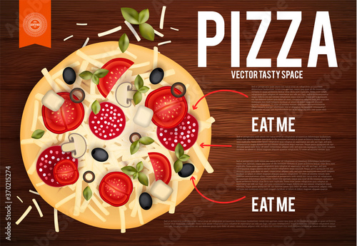 Tasty pizza with tomatos, wurst, olive, mushrumes and cheese on wood texture. Top view.