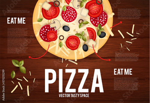 Tasty pizza with tomatos, wurst, olive, mushrumes and cheese on wood texture. Top view.