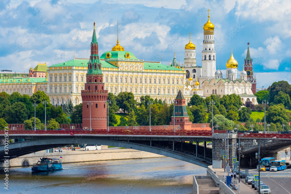 Moscow. Russia. View of the Moscow Kremlin from the Moscow river. Kremlin tower. Grand Kremlin palace. Churches of the Russian capital. Symbols of the Russian state. Travel to Russia.