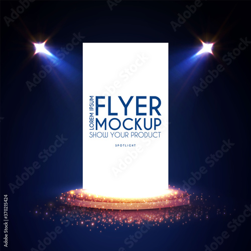 Realistic flying business card, poster and flyer mockup with 3D empty scene. Paper blank, spotlights and light effect.