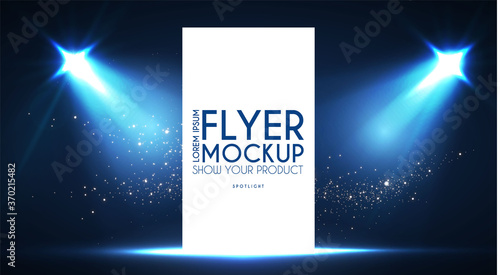Realistic flying business card, poster and flyer mockup with 3D empty scene. Paper blank, spotlights and light effect.