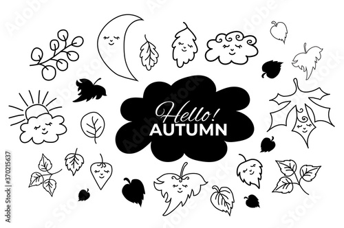 Vector set of autumn drawings. Leaves, moon and cloud with cute faces and closed eyes. Use for fall design and decoration. Vector. outline. Isolated elements on white background