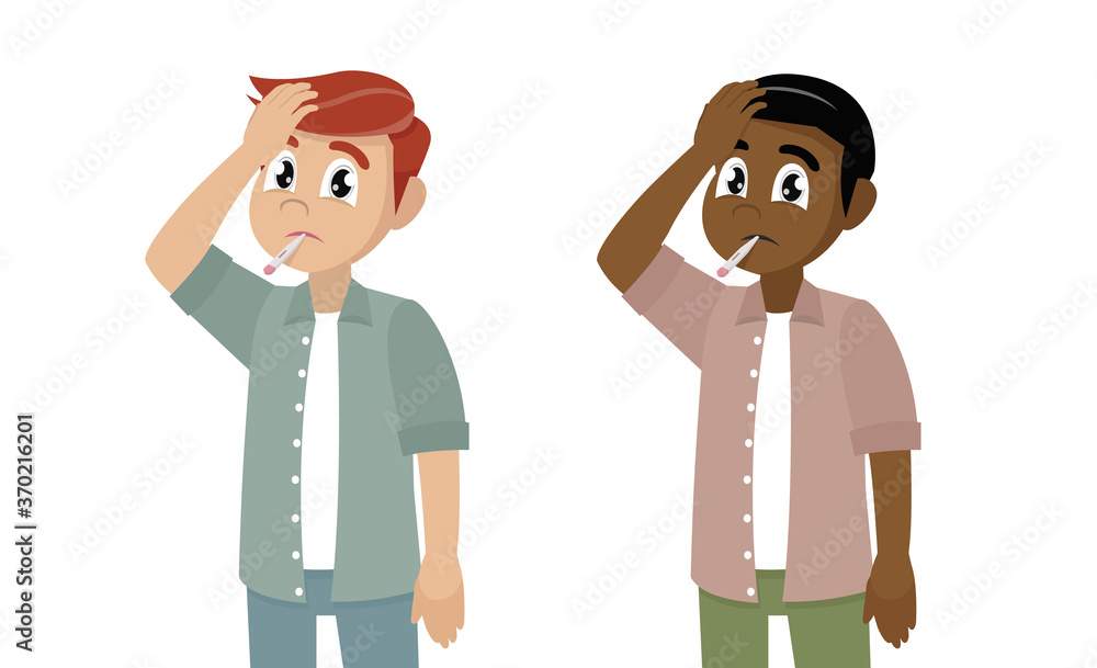 Man with a fever and a thermometer in his mouth. Unhealthy male character checking temperature.
