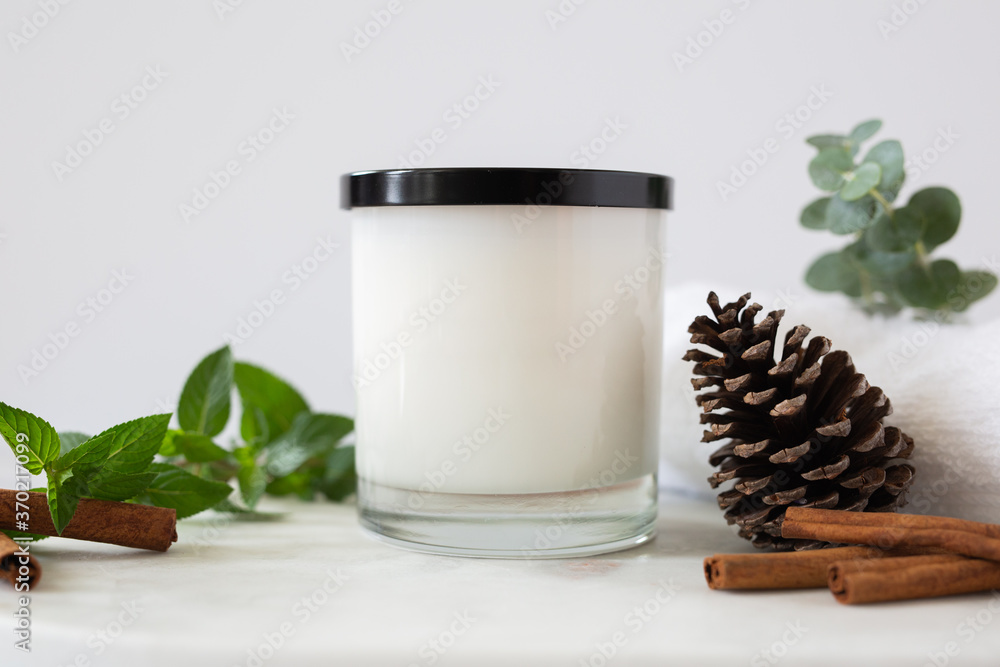 Candle Vignette Sitting with Pinecone and Eucalyptus Candle Vignette Sitting with Pinecone and Eucalyptus