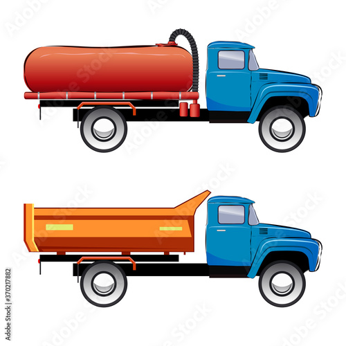 Set of service septic vacuum truck and constraction track. Vector cartoon trucks