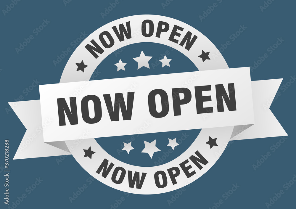 now open round ribbon isolated label. now open sign
