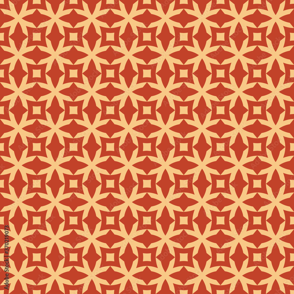 Vector geometric seamless pattern with flower shapes, crosses, squares, grid, lattice. Floral geometrical ornament. Simple red and yellow texture. Retro vintage style background. Repeat design Vector geometric seamless pattern with flower shapes, crosses, squares, grid, lattice. Floral geometrical ornament. Simple red and yellow texture. Retro vintage style background. Repeat design
