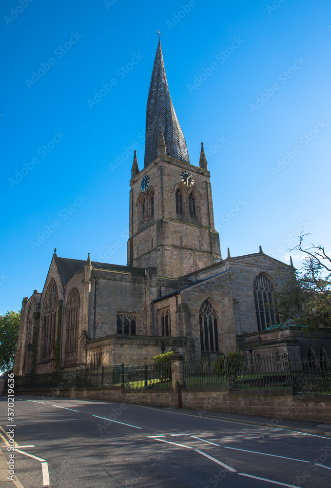 The twisted spire of the Church of St Mary and All Saints, Chesterfield, Derbyshire, UK
