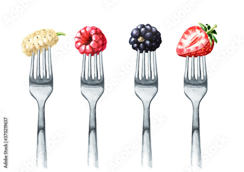 Garden berries set. Raspberries, strawberries, blackberries, mulberries on a fork. Concept of diet and healthy eating. Hand drawn watercolor illustration isolated on white background