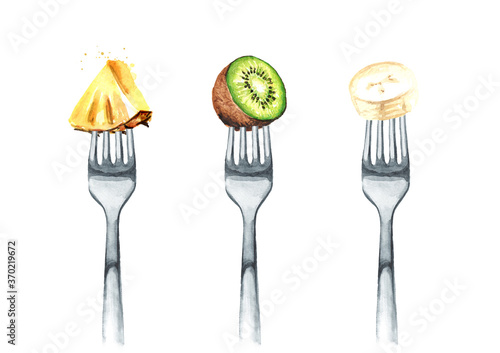 Pineapple, banana, kiwi on a fork. Concept of diet and healthy eating. Hand drawn watercolor illustration isolated on white background