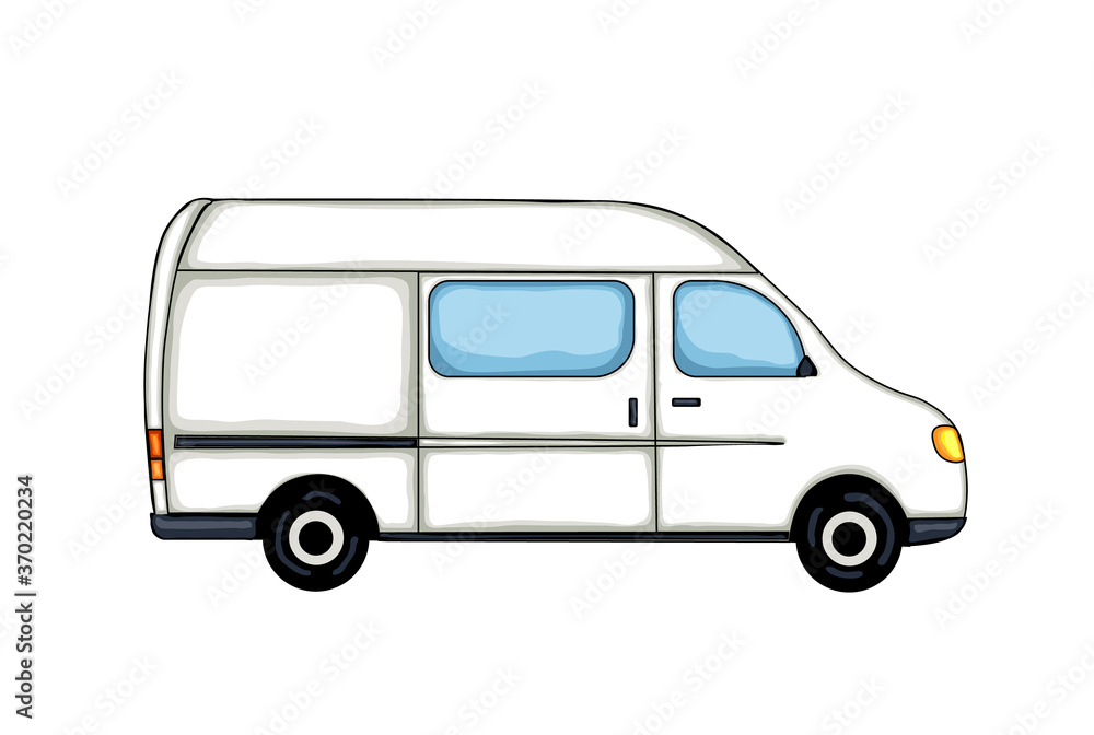White van with black outline isolated on white background. Vector Illustration. 