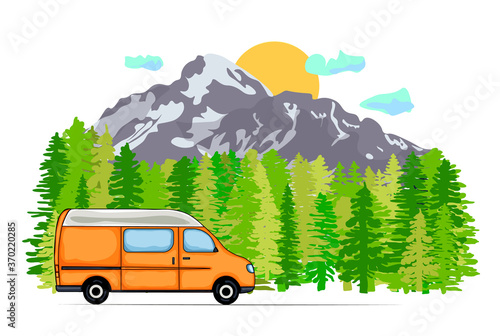 Orange van with mount Kazbek in the background. Sun with clouds, forest in the background, Georgia. Vector Illustration. 