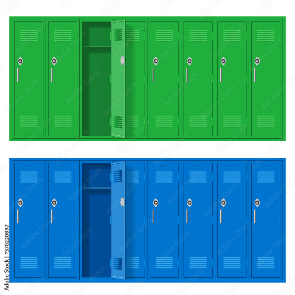 Naklejka premium Blue and Green Metal Cabinets with One Open Door. Lockers in School or Gym with Handles and Locks. Safe Box with Doors, Cupboard, and Compartment