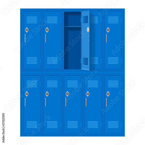 Blue Metal Cabinets with One Open Door. Lockers in School or Gym with Handles and Locks. Safe Box with Doors, Cupboard, and Compartment on White Background