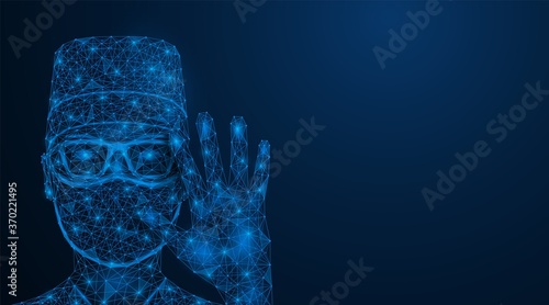A man in a medical mask. He holds his hand in front of him. Please keep a social distance. Polygonal construction. Blue background.