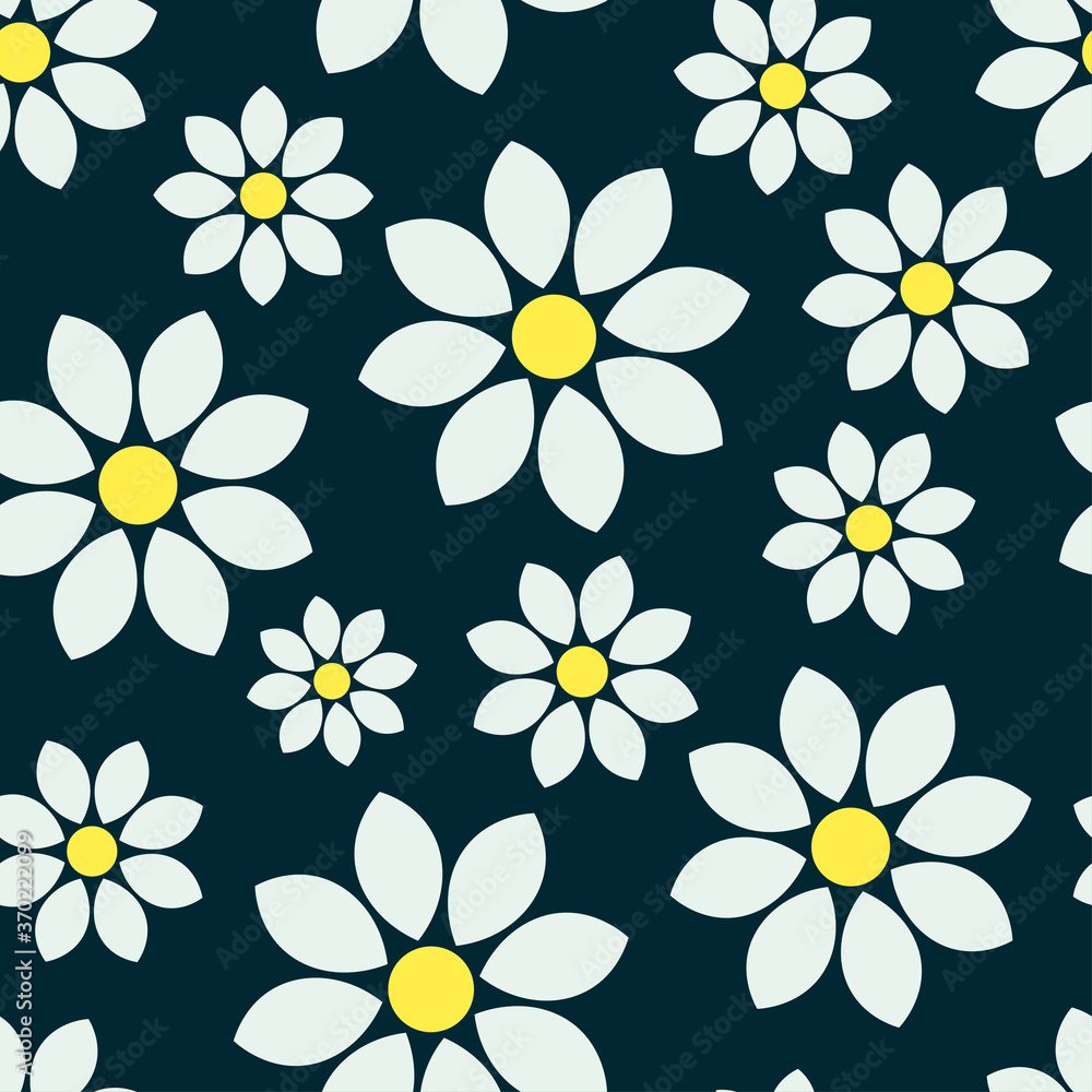 Beautiful colorful flowers isolated on dark blue background. Simple floral seamless pattern. Vector flat graphic illustration. Texture. Beautiful colorful flowers isolated on dark blue background. Simple floral seamless pattern. Vector flat graphic illustration. Texture.