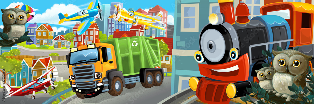 Fototapeta premium cartoon scene of the middle of a city with cars train and plane