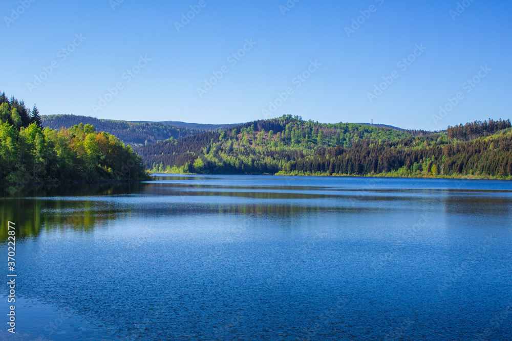 Tranquil view of Granestausee, a reservoir in Harz Mountains National Park, Germany