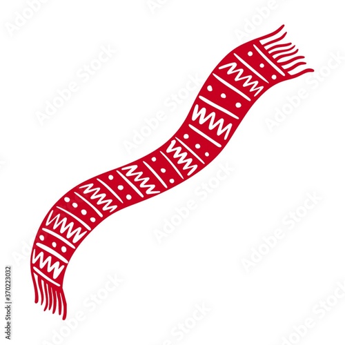 Red winter scarf with white geometric pattern in Doodle style. Garment.A simple, cute hand-drawn drawing. Hygge, a cozy home, comfort environment. Isolated on white . Color vector illustration.