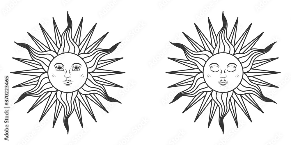 Fototapeta premium Pair of suns with open and closed eyes in medieval style isolated on white background. Vector illustration