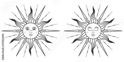 Pair of suns with open and closed eyes in medieval style isolated on white background. Vector illustration