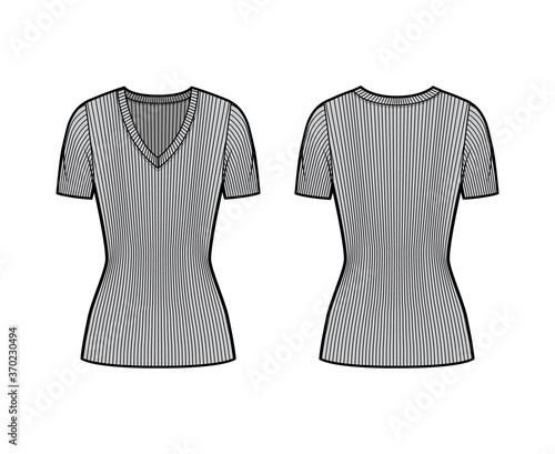 Ribbed V-neck knit sweater technical fashion illustration with short rib sleeves, tunic length. Flat outwear apparel template front, back grey color. Women, men, unisex shirt top CAD mockup
