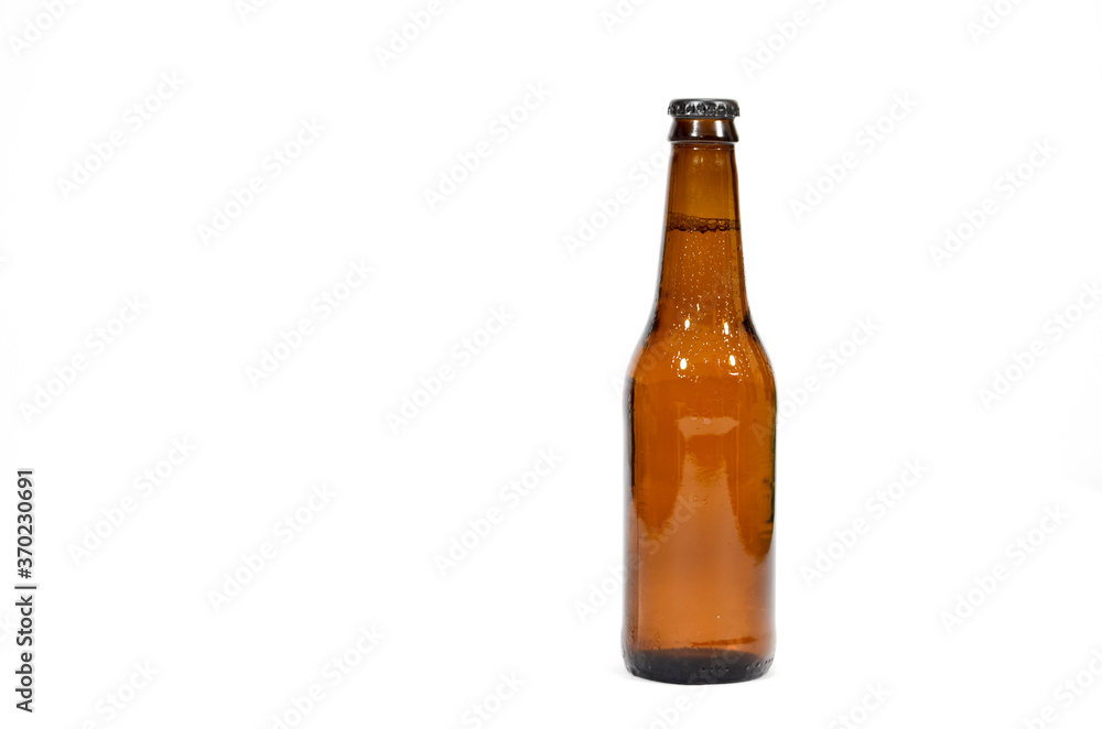 A brown beer bottle on the right side of the image with a white background.