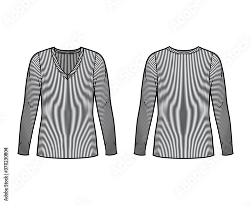 Ribbed V-neck knit sweater technical fashion illustration with long sleeves, oversized body, tunic length. Flat outwear apparel template front back grey color. Women men unisex shirt top CAD mockup
