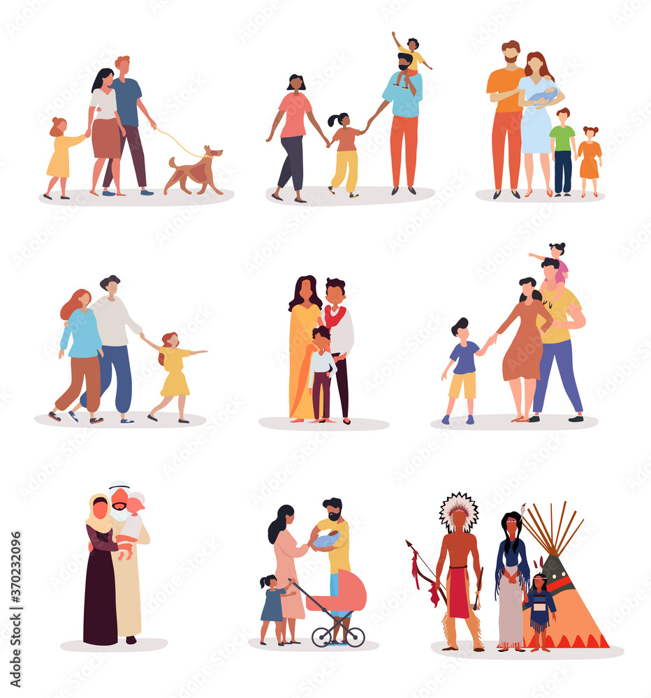 Heterosexual families of different ethnicity with nine different groups of parents and kids on white, colored vector illustration