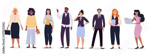 Business team with diverse multiracial businesspeople standing in a line isolated on white, colored vector illustration