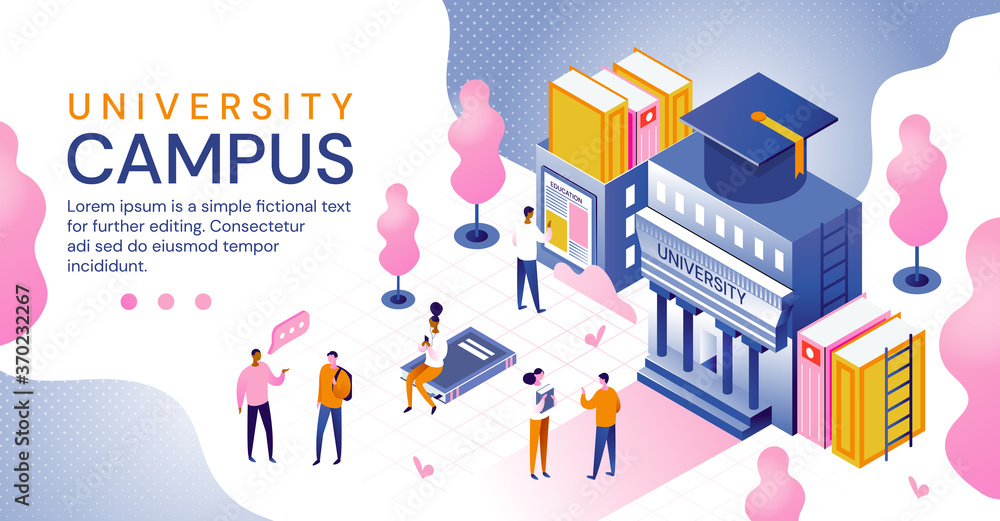 University campus in an education and higher learning concept with building, books, students and mortar board hat for graduation, colored vector illustration. Website template University campus in an education and higher learning concept with building, books, students and mortar board hat for graduation, colored vector illustration. Website template